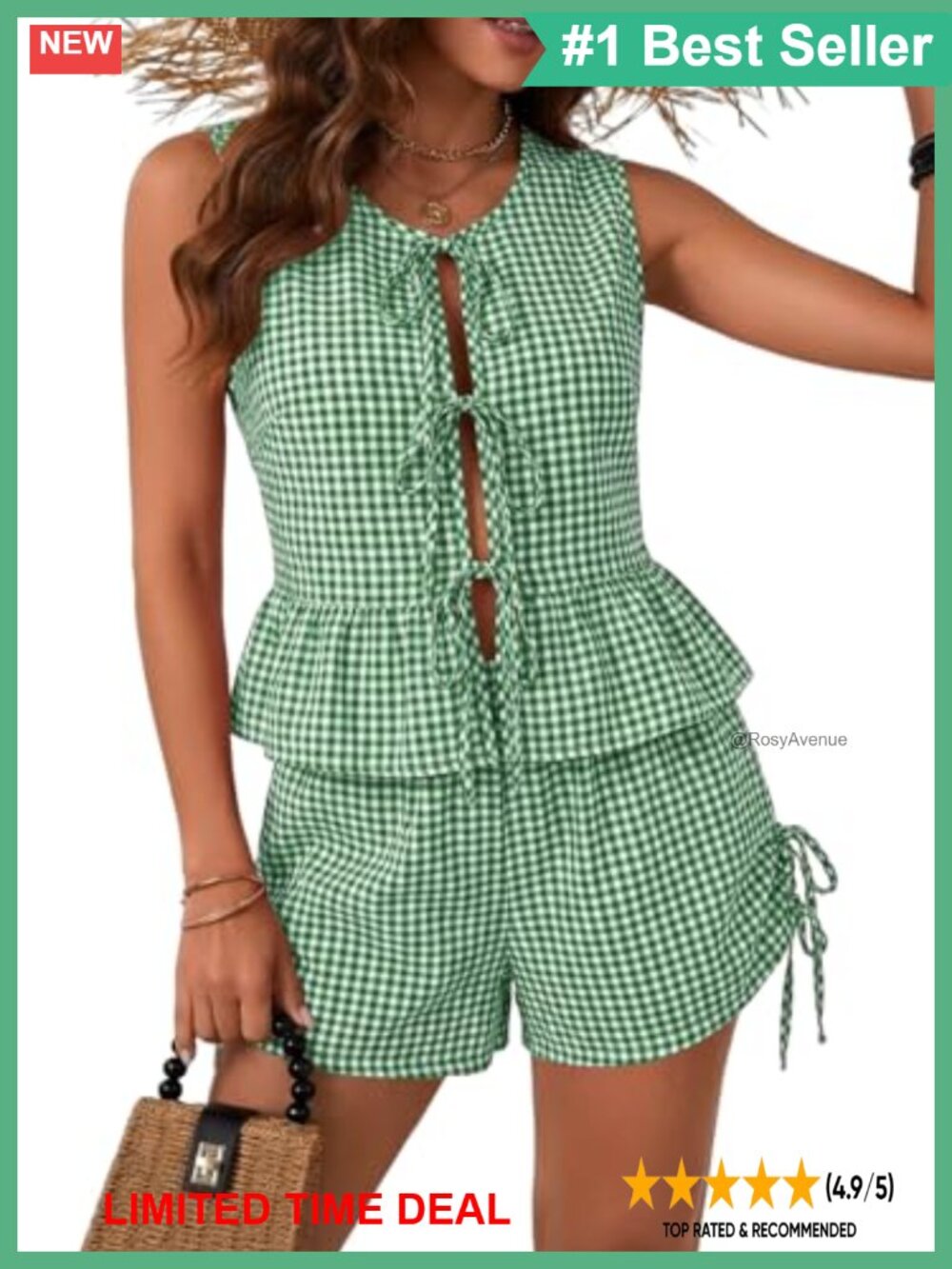 Cuptacc Women's 2 Piece Short Set Sleeveless Tie Front Top Gingham Shorts